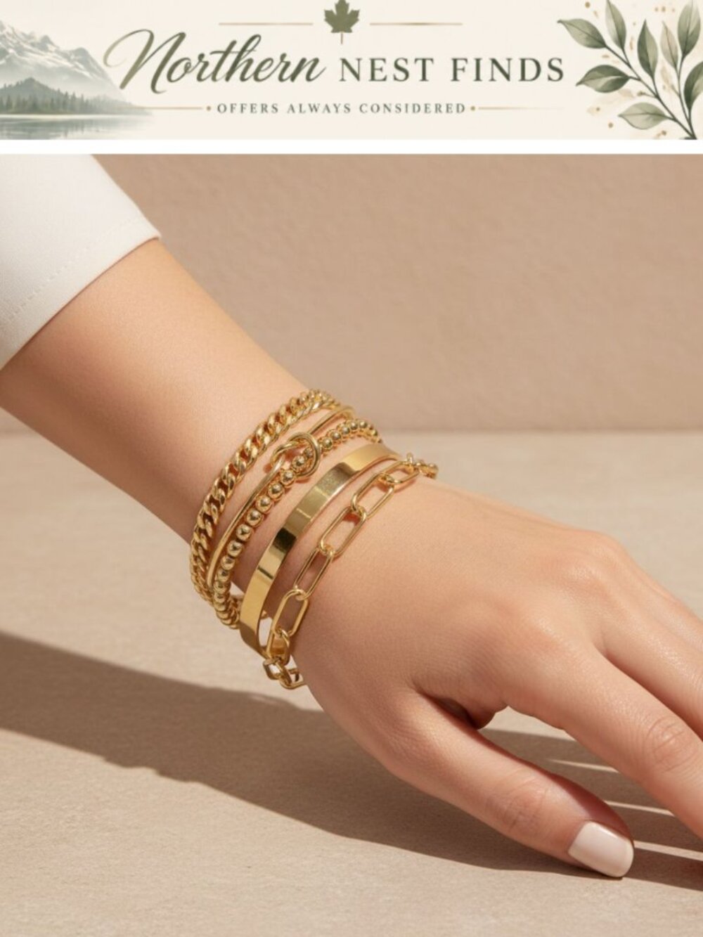 Dainty 14K Gold Plated Bangle Bracelet Set Adjustable Stackable 5Pc